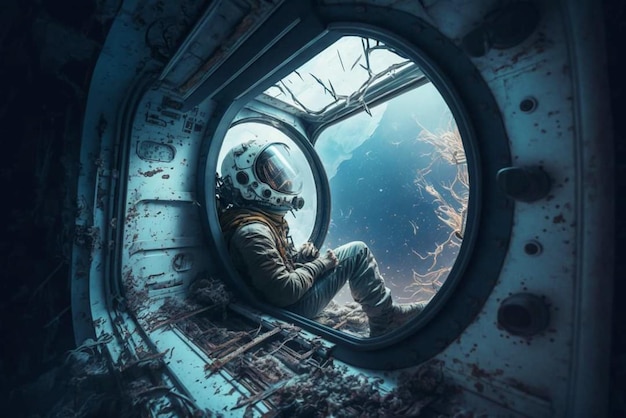 An astronaut sits inside a spaceship looking out at the water.