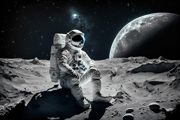 An astronaut sits on the moon in space