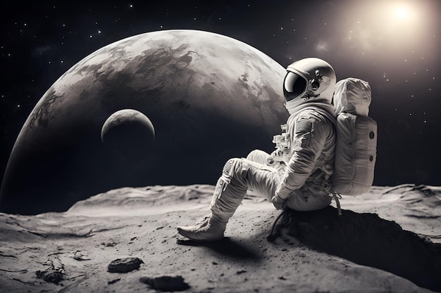 An astronaut sits on the moon in space