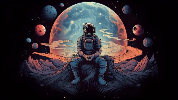 An astronaut sits on a rock in front of a planet with a blue planet in the background.