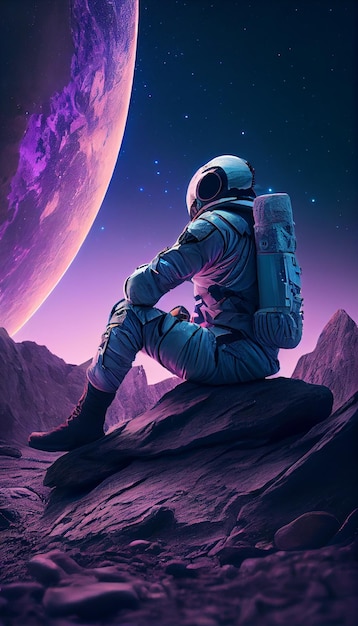 An astronaut sits on a rock in front of a planet.