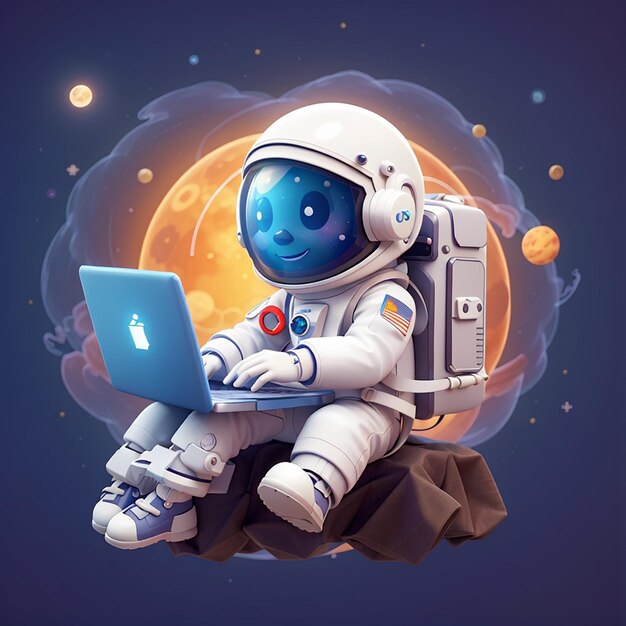 Photo an astronaut sits on a rock with a laptop in front of a moon