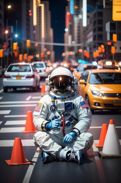 Foto un astronauta siede per strada davanti a un taxi.