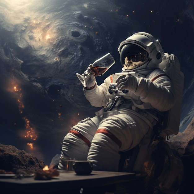 astronaut sitting on a chair holding a glass of wine generative ai