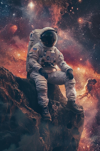 Astronaut sitting on a cliff