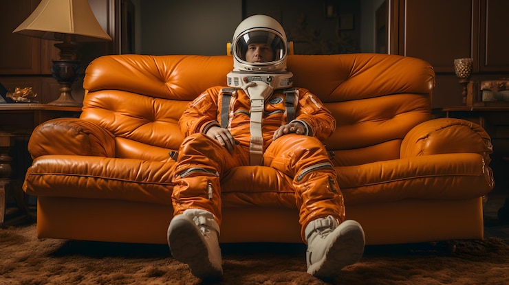 Photo astronaut sitting on the couch extremely wide shot