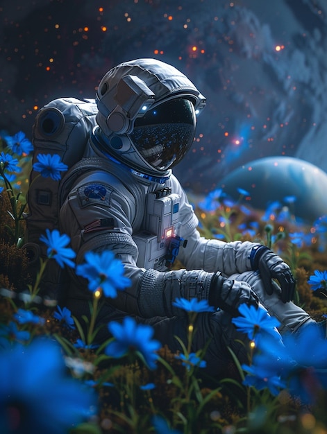 宇宙飛行士が青い花の畑に座り背景に惑星が描かれています