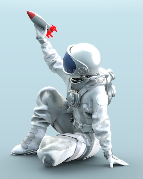 Astronaut sitting on the ground holds small rocket in hand, 3D illustration