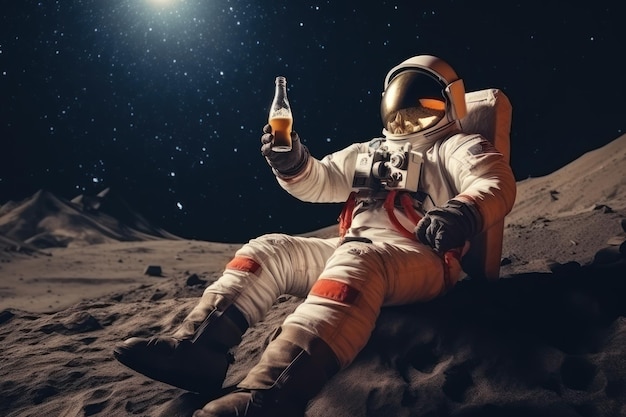 Astronaut sitting on the moon drinking beer i Generative AI