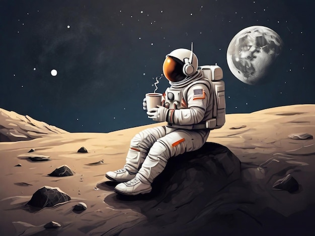 달 위에 앉아 커피를 마시는 우주 비행사 터 일러스트레이션