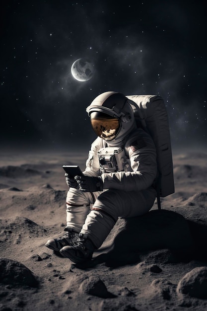 astronaut sitting on the moon and sending message