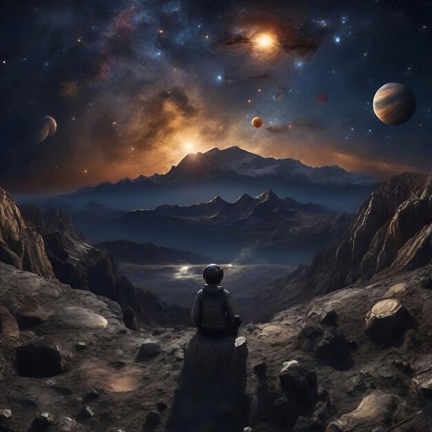 Photo astronaut sitting on a rock and looking at the moon and stars