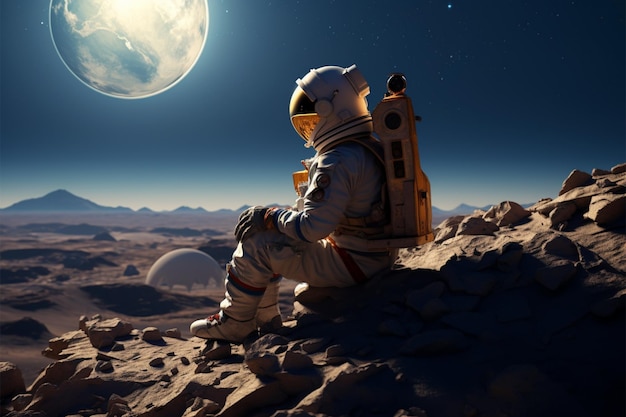 Photo an astronaut sitting on a rock in the middle of the desert