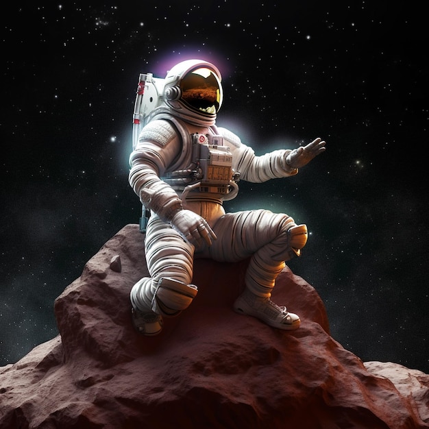 Astronaut sitting on the rock in the space realistic illustration