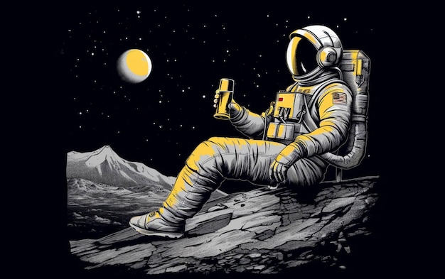 携帯電話を手に岩の上に座る宇宙飛行士生成AI