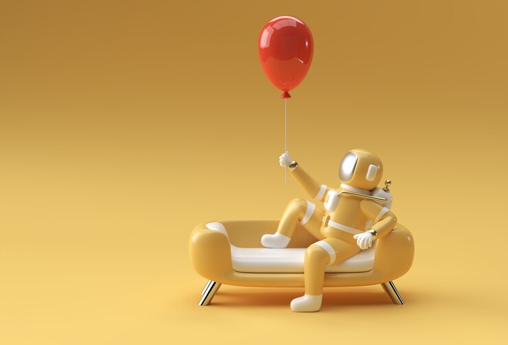 Photo astronaut sitting on sofa with flying balloon pen tool created clipping path included in jpeg easy to composite.