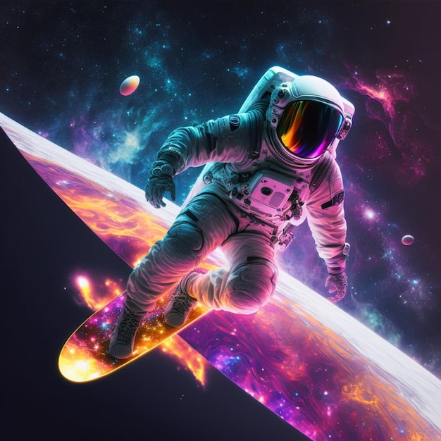 An astronaut on a skateboard in space