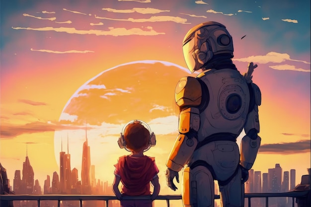 Astronaut and small droid observing futuristic metropolis Fantasy concept Illustration painting Generative AI