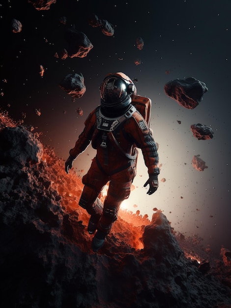 Astronaut soldier completely lost in between rocks and asteroids in the space Generative AI