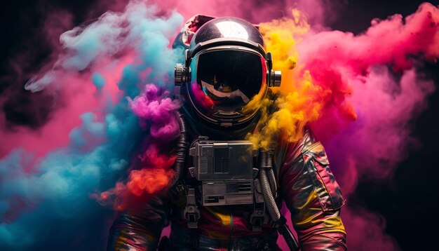 Astronaut in space helmet in the middle of colorful smoke