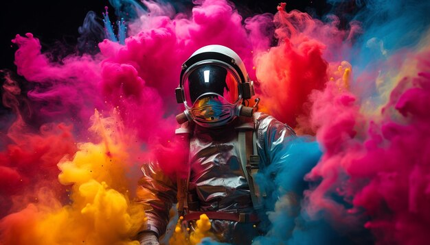 Astronaut in space helmet in the middle of colorful smoke