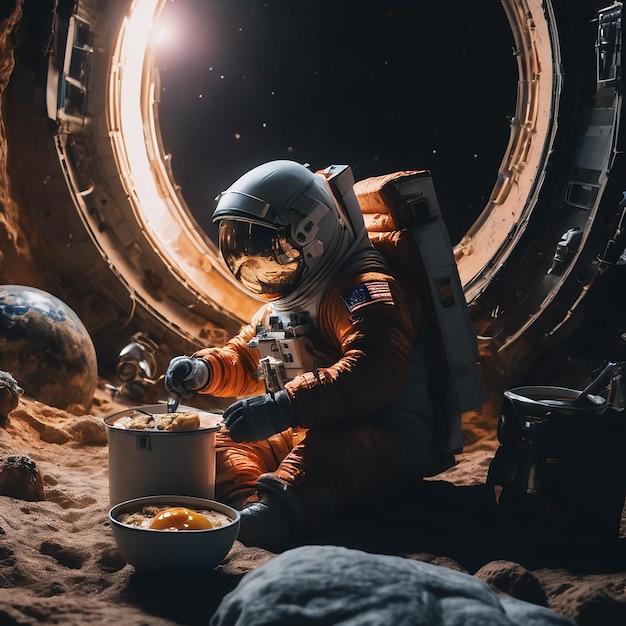 Foto un astronauta nello spazio che prepara il cibo sul pianeta