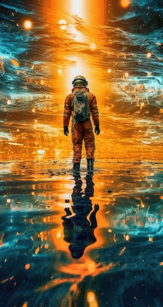 Astronaut in space reflected in water Science fiction art