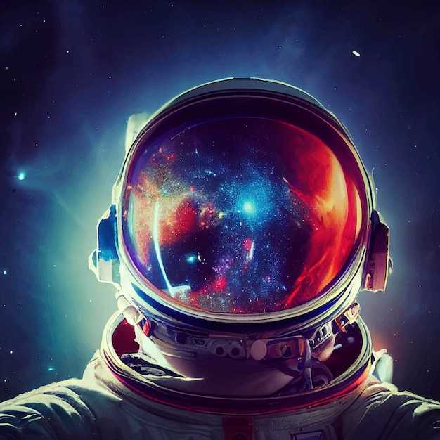 Astronaut in space and in the reflection of his helmet stars Galaxy purple blue nebula and galaxies in space