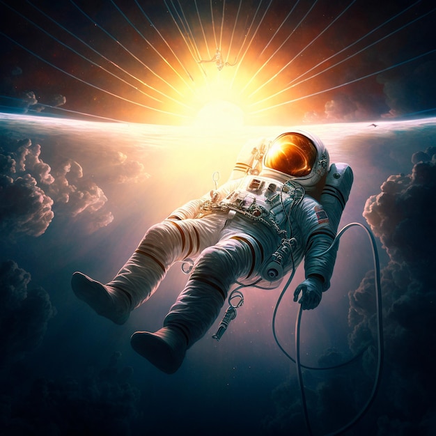 An astronaut in space above the sky