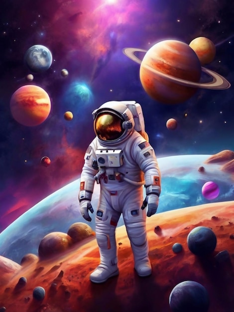 Astronaut in space in a spacesuit Cosmonautics Day beautiful realistic art Space Day banner design