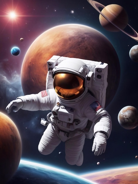 Photo astronaut in space in a spacesuit cosmonautics day beautiful realistic art space day banner design