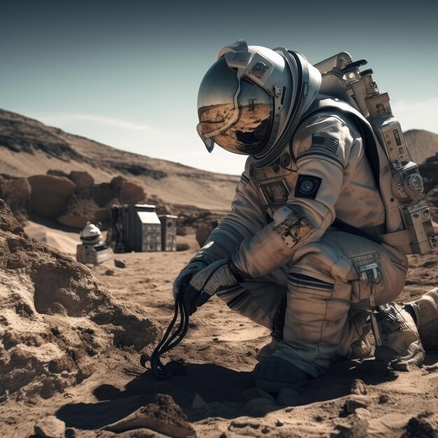 Astronaut in a space suit digging in the desert