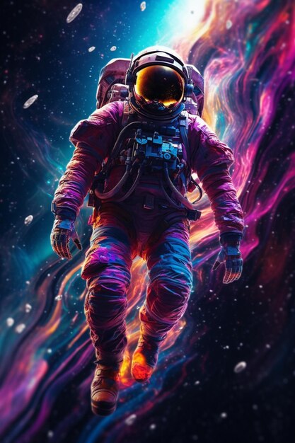 An astronaut in a space suit floating through space with a colorful background generative ai