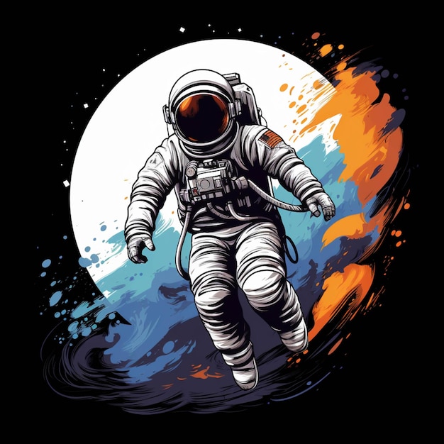 배경 생성 인공 지능에 보름달이 있는 물에 떠 있는 우주복을 입은 우주 비행사