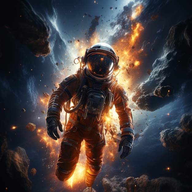 Астронавт в космическом костюме летит через облако дыма и звезд.