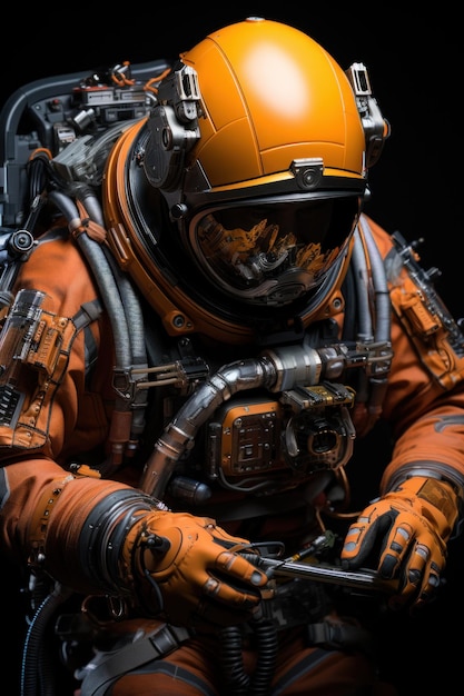 Astronaut in a space suit holding a futuristiclooking tool