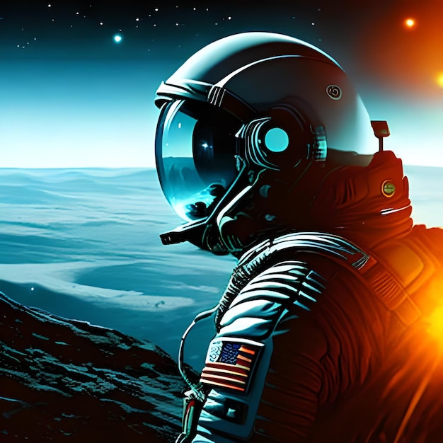 An astronaut in a space suit looks at a planet.