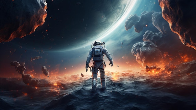 Photo astronaut space suit performing extra cosmic activity space against stars and planets background