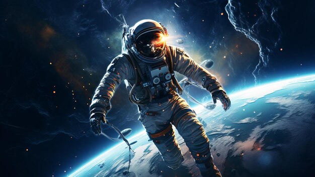 Photo astronaut space suit performing extra cosmic activity space against stars and planets background