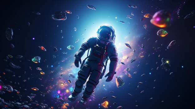 Photo astronaut space suit performing extra cosmic activity space against stars and planets background