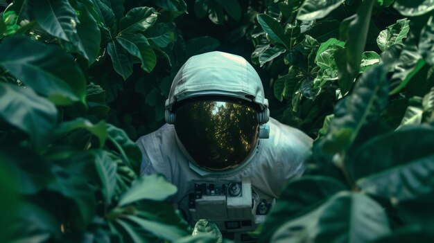 Photo astronaut in a space suit standing in a forest