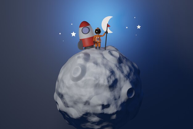 Astronaut in space suit standing on moon with flag  cartoon astronaut  concept  3D rendering