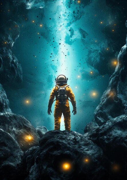 Astronaut in a space suit standing on a rock in a cave generative ai