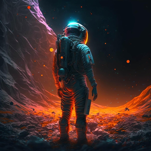 Astronaut in a space suit standing in a rocky area with a glowing light on his head generative ai