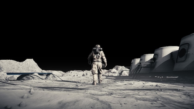 Astronaut in Space Suit Walking on Moon Surface with Alpha Channel Space Station and Mars Rover