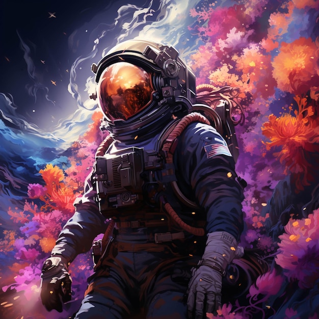 Astronaut in space suit walking through a field of flowers generative ai