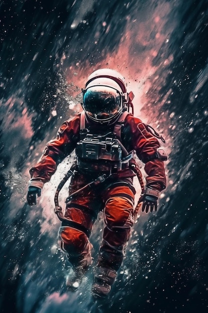 Astronaut in space suit walking through a storm of snow generative ai
