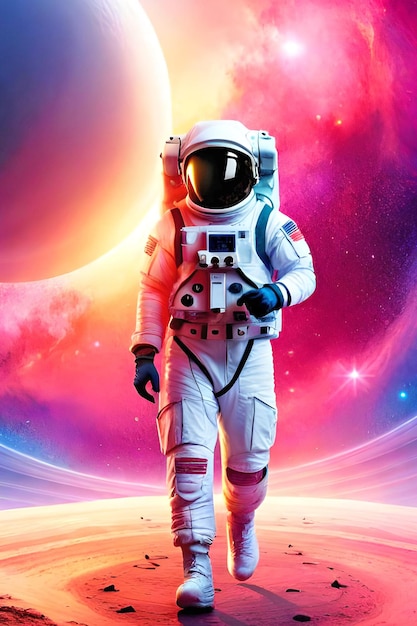 宇宙服を着た宇宙飛行士が惑星の上を歩きます。