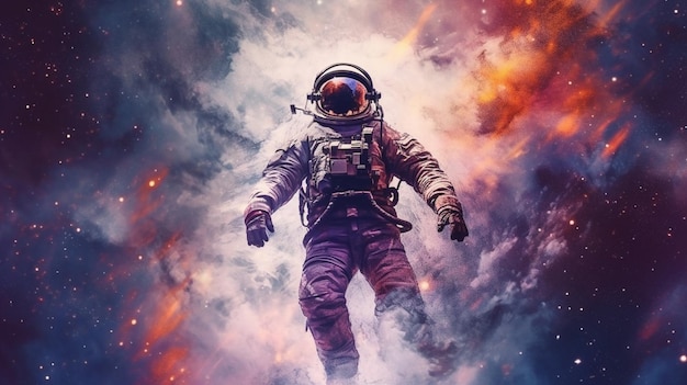雲の背景に宇宙服を着た宇宙飛行士