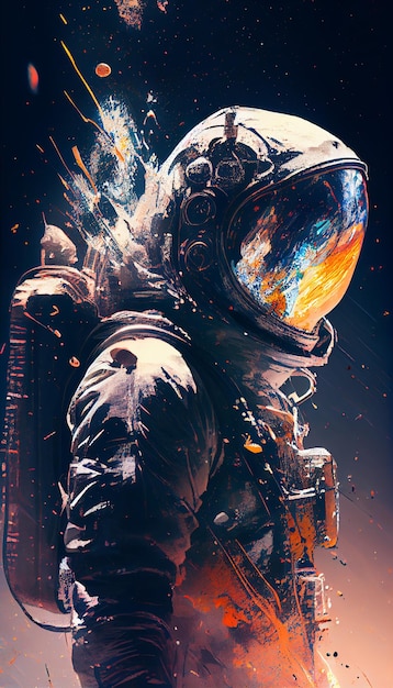 An astronaut in a space suit with a fire in the sky.